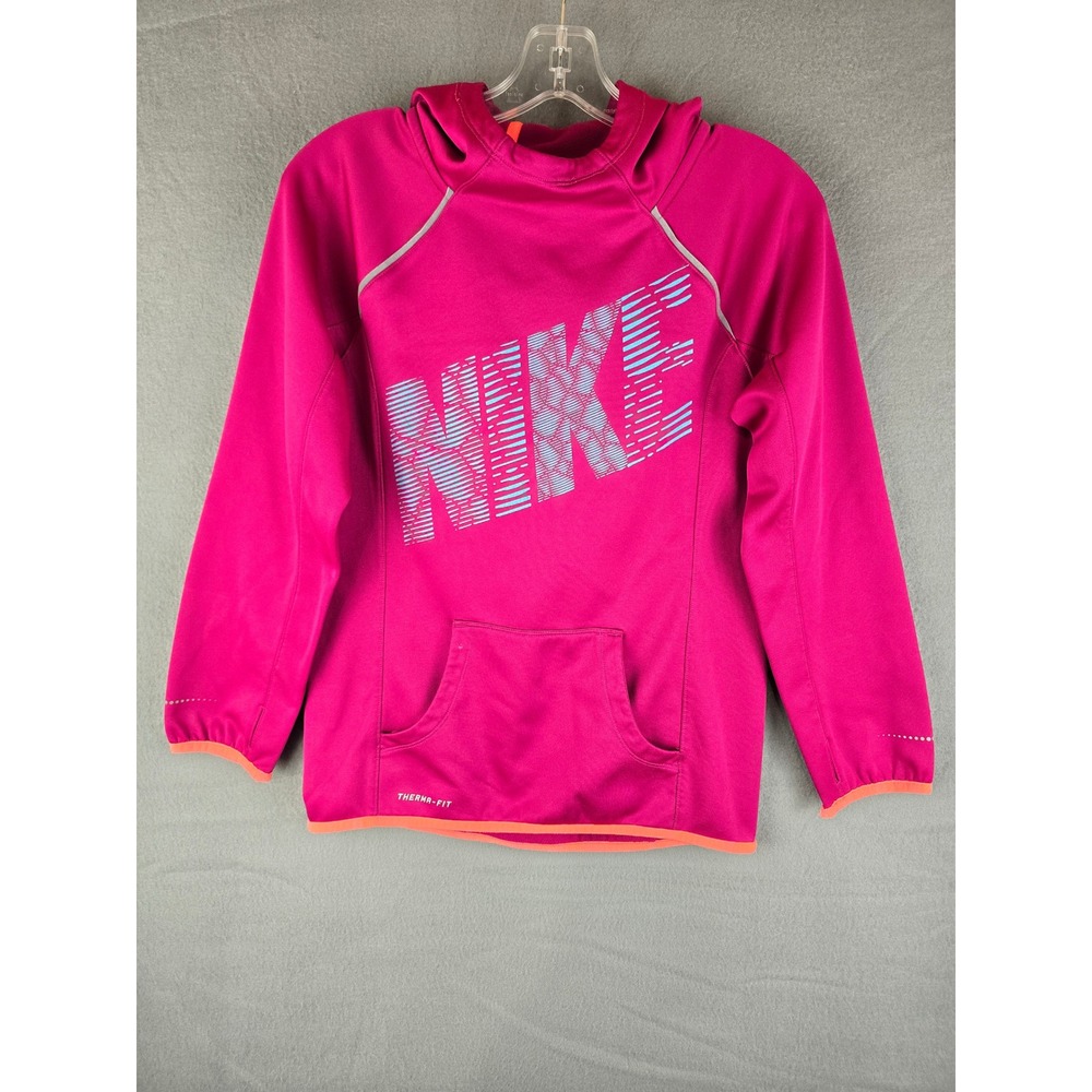 Nike Hoodie Girls L Pink Therma-FIT Pullover Graphic Logo Sporty Athleisure